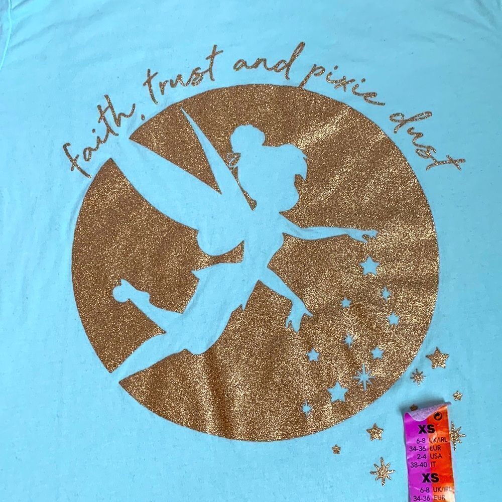Tinker bell Disney Graphic Long Lounge T-Shirt XS Green/Gold Sparkle